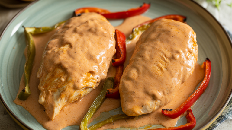 Pan-seared chicken in a creamy paprika sauce with charred peppers, made without baking or casserole-style texture.