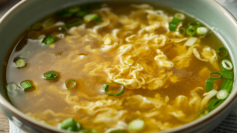 Light savory broth with soft egg ribbons and green onion.