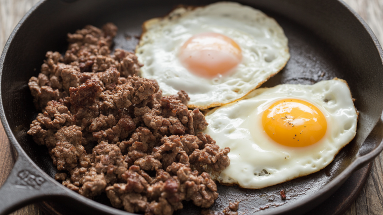 Crispy ground beef and fried eggs cooked together in a hot skillet for a simple high-protein keto meal.