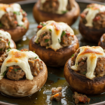 Roasted mushroom caps filled with savory sausage, cream cheese, herbs, and melted cheese.