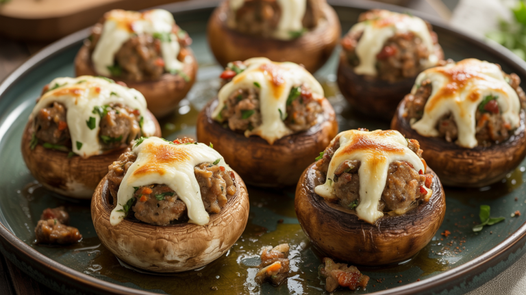 Keto Sausage Stuffed Mushrooms Roasted mushroom caps filled with savory sausage, cream cheese, herbs, and melted cheese.